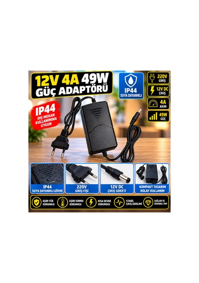 12v 4a 48w Ip44 Suya Dayanıklı Güç Adaptörü 220v Giriş 12 Volt Dc Çıkış Fişli Trafo Led Şerit Kamera Aydınlatma Adaptörü Siyah - 939329188