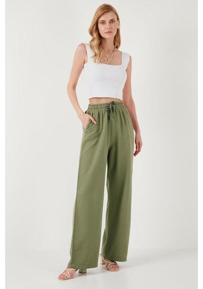 Lela Pamuklu Relaxed Fit Yüksek Bel Bol Paça Bayan Pantolon 668Yp5118 Haki