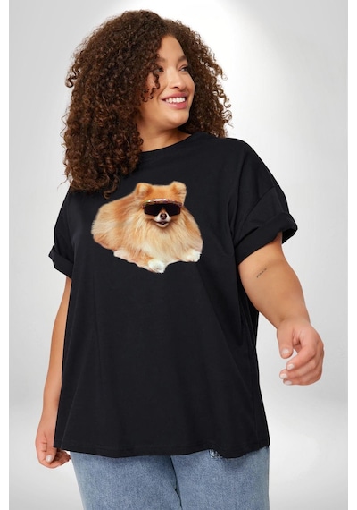 Angemiel Pomernian Köpek Siyah Büyük Beden Erkek Kadın Unisex Basic Ön Baskılı Tişört Siyah