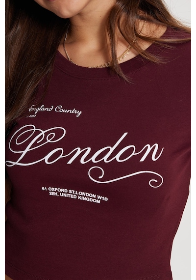 Tudors Kadın Slim Fit Dar Kesim %100 Pamuk Bisiklet Yaka Kısa Kollu Baskılı Bordo Crop Tişört-50533
