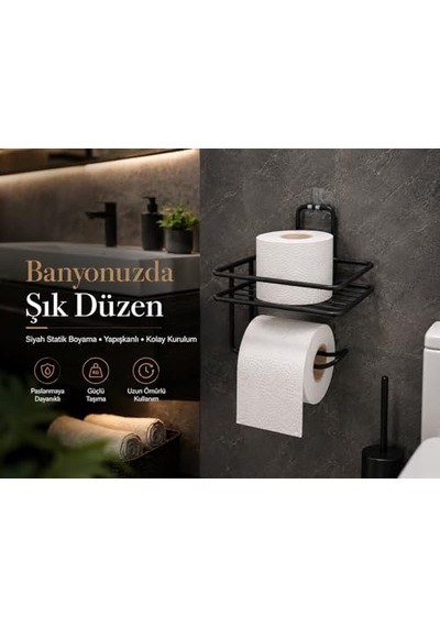 Yapışkanlı Raflı Tuvalet Kağıtlığı - Mat Siyah Metal Paslanmaya Dayanıklı Deliksiz Banyo Düzenleyici Raf Ve Diğer