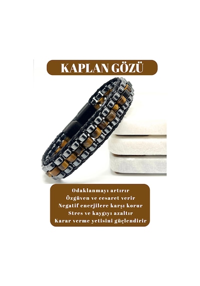 Sertifikalı Kaplan Gözü Disk Model Doğal Taş Erkek Bileklik Kilitli Kapama Kahverengi