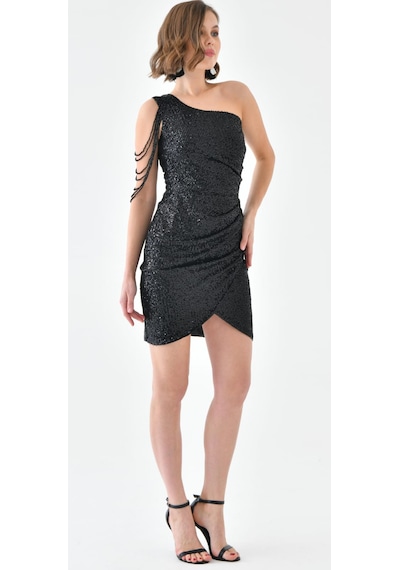Hanife Glam Couture Hanife Glam Tek Omuz Taş Tasarımlı Mini Pulpayet Elbise Siyah