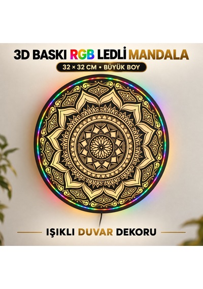 3d Baskı Rgb Led Li Mandala Duvar Dekoru Işıklı Dekoratif Pano Siyah