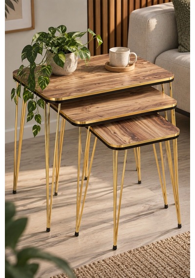 Sulorahome Ceviz Desenli Gold Metal Ayaklı Zigon Sehpa Seti Ceviz - Altın