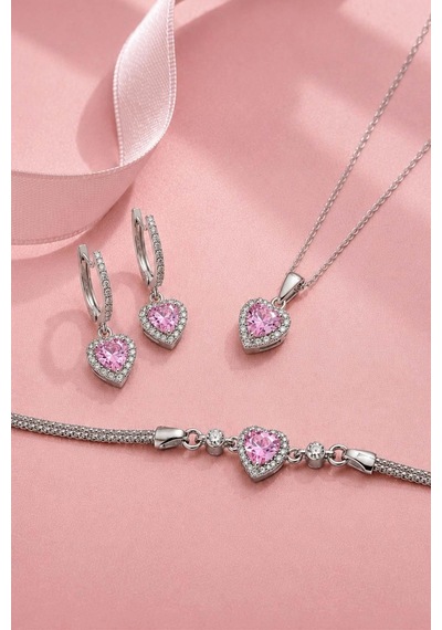 Gümüş Pazarım Pembe Taşlı Kalp Gümüş Üçlü Set