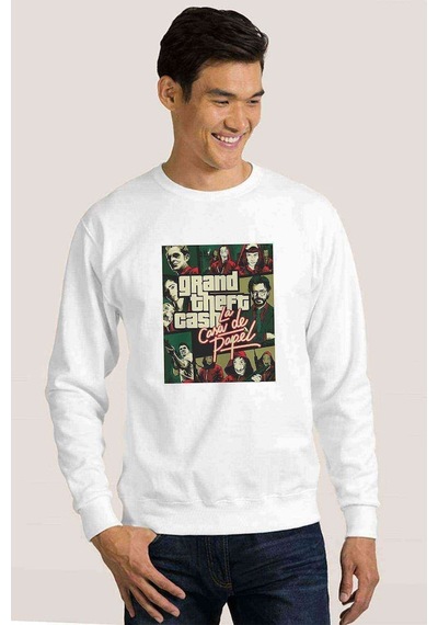 La Case De Papel Grand Theft Baskılı Beyaz Erkek Sweatshirt