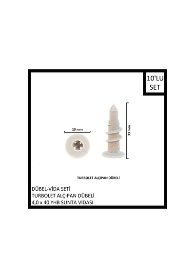 Dübel-vida Seti, Turbolet Alçıpan Dübeli, 4,0x40 Yhb Sunta Vidası, 10 Adet