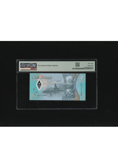 Cook İslands New Zealand Admin. 3 Dollars Sn Aa777495 Polymer P11a Nd 2021 Pmg 68 Epq Super Gem Unc Çil