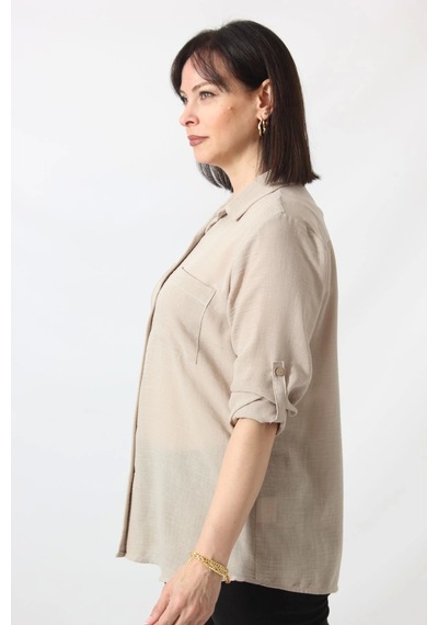 Moda Berray Bb-077 Bej Pamuk Keten Kolu Apoletli İki Cepli Kadın Büyük Beden Gömlek Bej