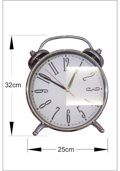 Büyük 32 Cm Çalar Saat Görünümlü Ayakta Durabilen Camlı Gümüş Metal Renk Çerçeveli Sessiz Masa Duvar Saati Gri
