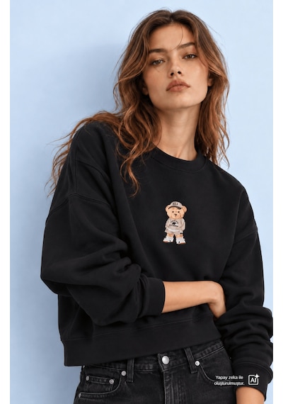 UCLA Cardı Siyah Baskılı Pamuk Bisiklet Yaka Loose Fit Kadın Sweatshirt