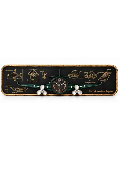 Nostaljik Uçak Temalı Kırmızı Pano Saat - 77 Cm Kahverengi - Yeşil