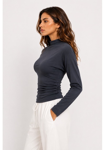 Sortie Collection Dik Yaka Yanı Büzgülü Modal Bluz Füme