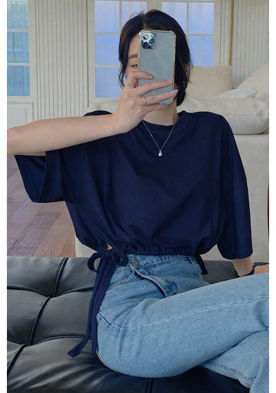 Kadın Oversize Basic Haki Tişört Yan Bağlamalı Rahat Kesim Günlük Yazlık T-shirt Lacivert