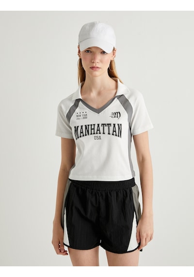 Koton Crop Polo Tişört V Yaka Kısa Kollu Slim Fit Ekru 4sal11005ık Ekru