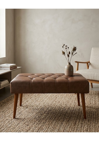 Acı Kahve Deri Bank Bench Oturma Pufu Modern Salon Antre Puf Ayakkabılık Önü Koltuk 45x90 Kahverengi