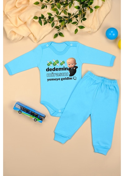 Bebetospik %100 Pamuklu Dedemin Mirasını Yemeye Geldim Baskılı Kız - Erkek Bebek & Çocuk Takım Mavi
