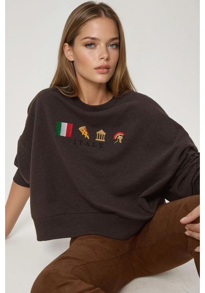 Hiccup İşlemeli Yuvarlak Yaka Sweatshirt Kestane Kahvesi