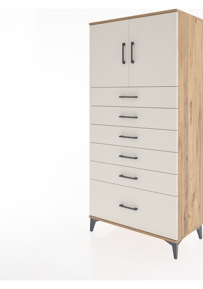 Hyperion Dolap Tek Raflı 6 Çekmeceli 2 Kapaklı 88x44x182 Çam-... Çam