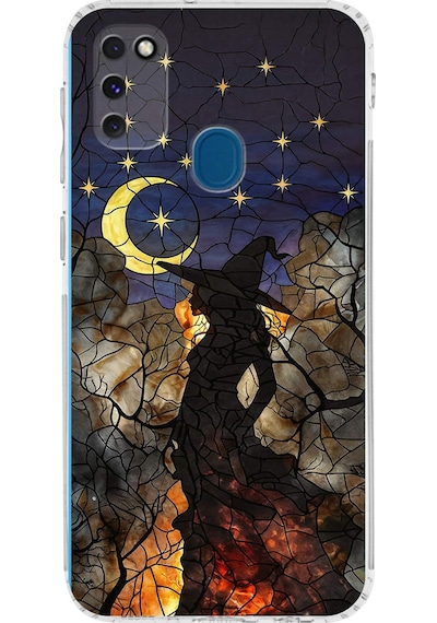 Printify Samsung Galaxy M30s İle Uyumlu Vitray Cadı Saati Tasarımlı Şeffaf Silikon Kılıf Şeffaf