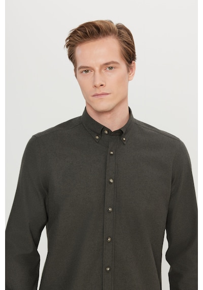 Altınyıldız Classıcs Erkek Hakı Pamuklu Slim Fit Dar Kesim Düğmeli Yaka Diagonal Desenli Flanel Gömlek Haki