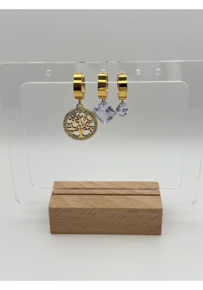 Arnes Jewelry Çelik Yaşam Ağaçlı Zirkon Taşlı Set Küpe Ar457nes Gold