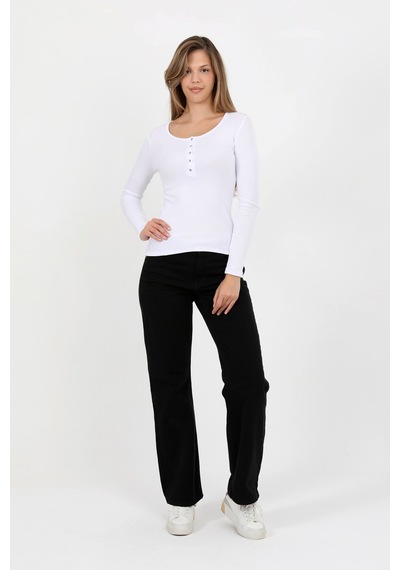 Hdm Kadın Beyaz Uzun Kollu Fitilli Patlı Düğmeli Basic Örme Bluz - H6162