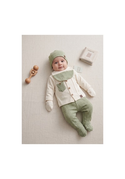 Deniva Kids %100 Pamuklu Fitilli Triko Dokulu 5'li Yenidoğan Hastane Çıkışı Bebek Takımı - Adaçayı Yeşili - Bej 0 - 3 Ay