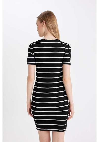 DeFacto Coool Bodycon Vücudu Saran Bisiklet Yaka Çizgili Fitilli Kaşkorse Kısa Kollu Mini Elbise D5987AXNSBK81