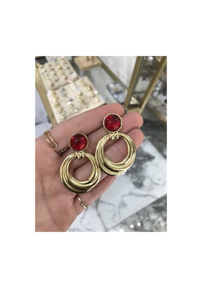 Vintage Kırmızı Taş Model Küpe Altın