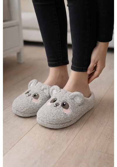 Modafrato Teddy Bear Kadın Ev Terliği Kışlık Terlik Kauçuk Ses Yapmayan Taban Gri