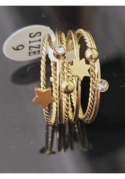 5'li Gold Renk Yıldızlı Ve Zirkon Taşlı Burgu Eklem Yüzüğü Seti Altın
