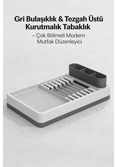 Gri Beyaz Mutfak Bulaşıklığı Tezgah Üstü Kurutmalık Tabaklık Organizer Standı Diğer