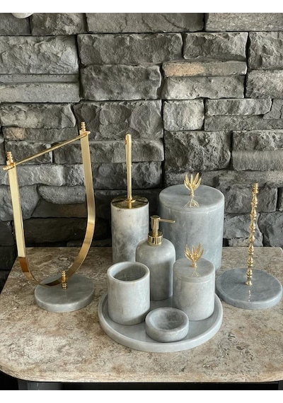 Gri Doğal Mermer Gold Zeytin Dalı Aksesuarlı 9,lu Banyo Seti Beyaz