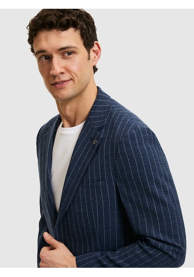 Cacharel Lacivert Çizgili Slim Fit Yün Karışımlı Klasik Ceket
