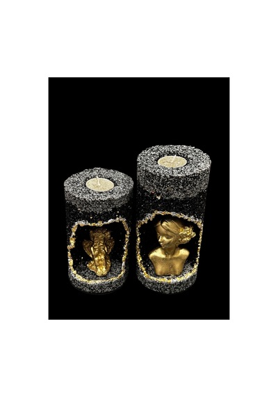 Kadın Ve Melek Figürlü Led Işıklı Tealight Mumluk 2 Li Siyah Gold Ve Gümüş 20x10 Ve 16x10 Cm