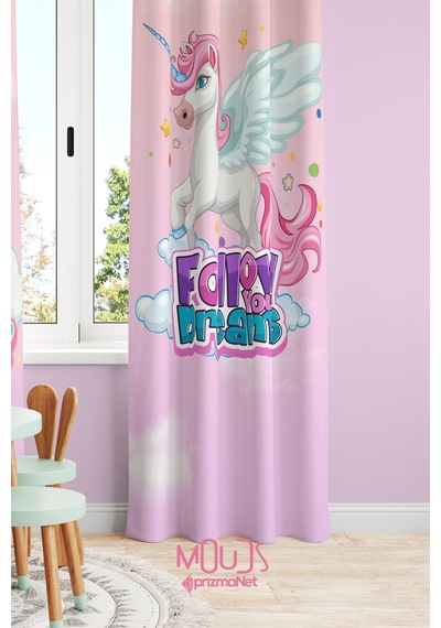 Rüya Unicorn Desenli Fon Perde Çocuk Ve Bebek Odası Süet Dijital Baskı Ekstrafor Büzgü Tek Kanat Çok Renkli