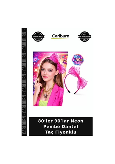 80 Ler 90 Lar Neon Pembe Dantel Taç Fiyonklu Nostaljik Parça Kostüm Tamamlayıcı Hatıra Objesi +3