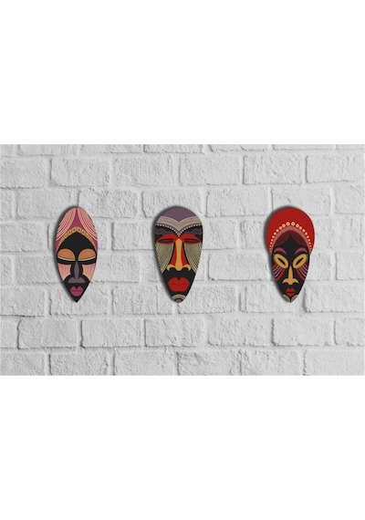 Dekoratif Üçlü Ahşap Tablo Otantik Kabile Maske Mask Set