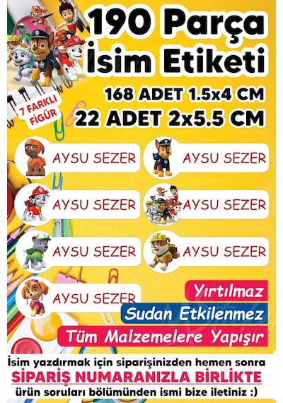 Okul Etiketi Kalem Defter Etiketi Paw Patrol Temalı Isim Yazılabilen Etiket - 190 Adet