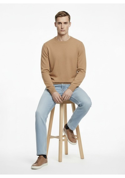 Alpha Studio Bej Erkek Bisiklet Yaka Regular Fit Kazak Au-3210c Pacth Crewneck Knıt