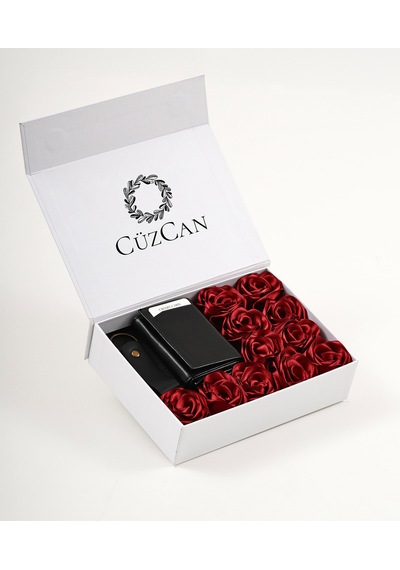 Premium Gift Rose Box - Siyah Hakiki Deri Mekanizmalı Cüzdan Anahtarlık Ve Kırmızı Gül Kutusu Kırmızı