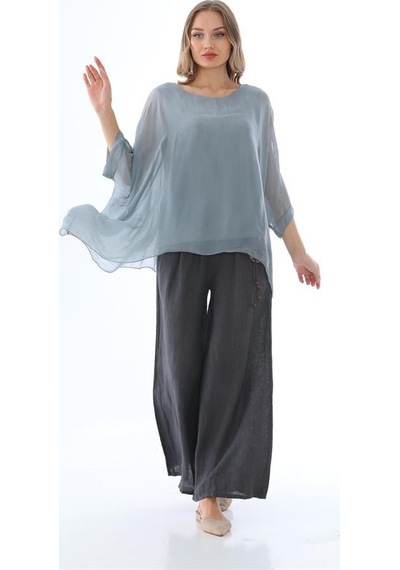 Bohem Stil İtalyan Yarasa Kol İpek Bluz-8869 Gri