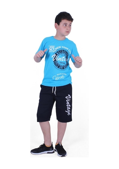 Fyk Kids Vintage Custom Yazı Baskılı Erkek Çocuk Yazlık Takım Turkuaz
