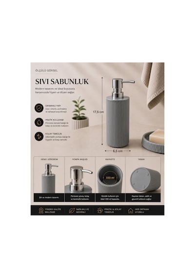 5 Li Banyo Seti Çizgili Tasarım 6,25 L Çöp Kovası + Wc Fırçası + Sıvı Sabunluk + Diş Fırçalık + Katı Sabunluk Modern Banyo Aksesuar Seti Gri 5 Li Banyo Seti Çizgili Tasarım 6,25 L Çöp Kovası + Wc Fırçası + Sıvı Sabunluk + Diş Fırçalık + Katı Sabunluk Modern Banyo Aksesuar Seti Gri