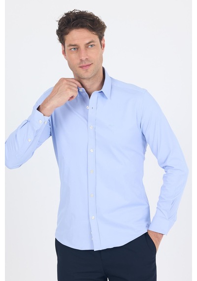 İmza Uzun Kol Düz Bez Ayağı Sert Yaka Cepsiz Pamuklu Classic Slim Fit Gömlek 1004250211 Mavi