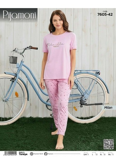 Pijamoni Kadın Milan Bisiklet Yaka Kısa Kol İnce Pijama Takımı 7605/42 - 1 Adet Pembe