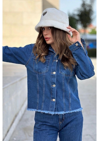 Kadın Mavi Çift Cepli, Eteği Püsküllü, Kaliteli Jeans Kumaş, Rahat Kesim, Kot Ceket Mavi