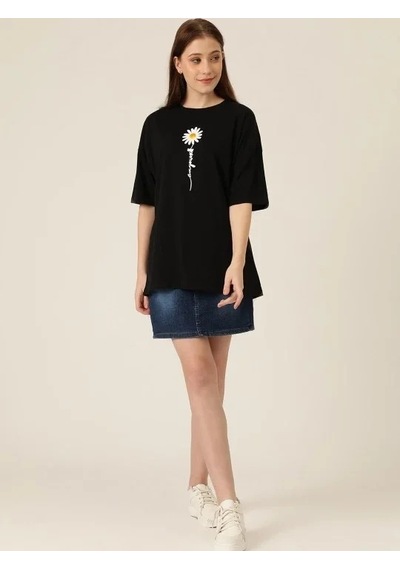 Kadın Papatya Baskılı T-shirt Kısa Kol Bisiklet Yaka Oversize Tişört - Siyah